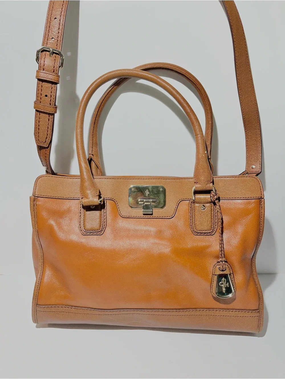 😍 Cole Haan Cognac Brown Leather Satchel with Gold Hardware